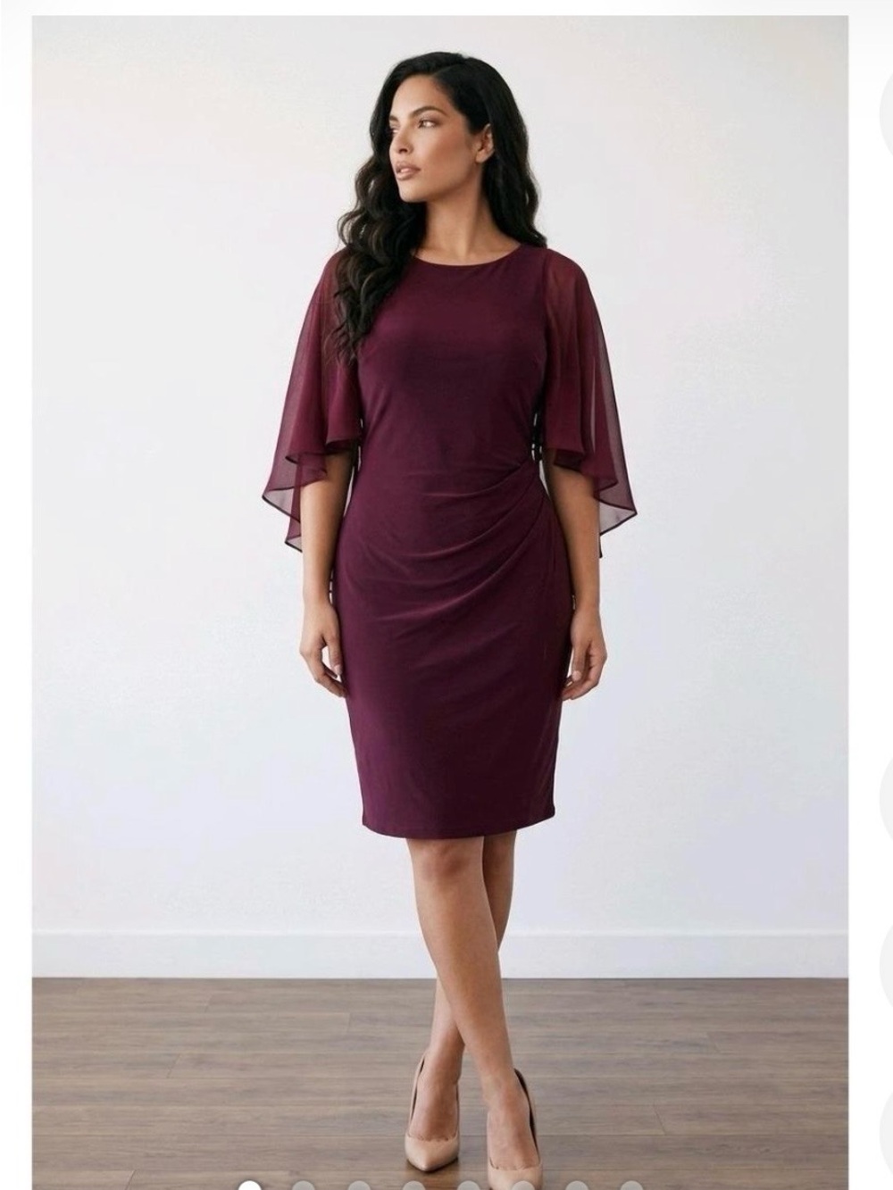 Ralph Lauren Burgundy Midi Dress with Sheer Cape Sleeves